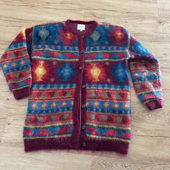 Susan Bristol Vintage Mohair Cardigan Hand Knit Aztec Southwestern Medium - Picture 1 of 6